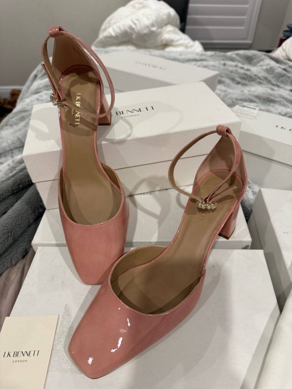 LK Bennett Darling Pink Patent Block Heel Embellish Ankle-Strap Pumps - Picture 3 of 12